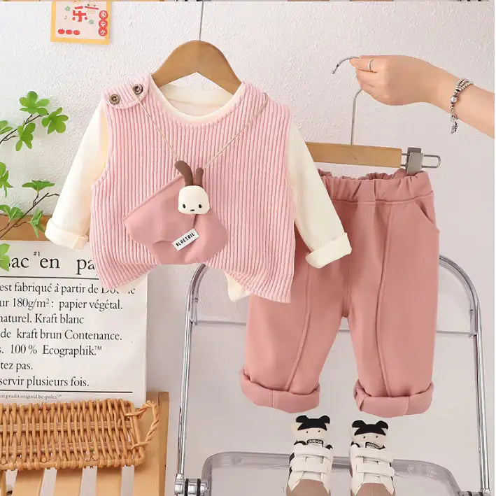 3-Piece Kids Vest Outfit with Plush Detail β Pink, Beige or Brown (1-5 Years)
