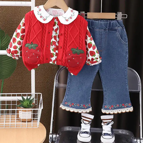 Toddler 3-Piece Strawberry Outfit with Vest, Shirt & Jeans β Red, White, Pink (1-5 Years) Toddler 3-Piece Strawberry Outfit with Vest, Shirt & Jeans β Red, White, Pink (1-5 Years)