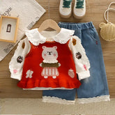 2-Piece Kids Bear Outfit with Denim Skirt β Pink or Red (1-5 Years)
