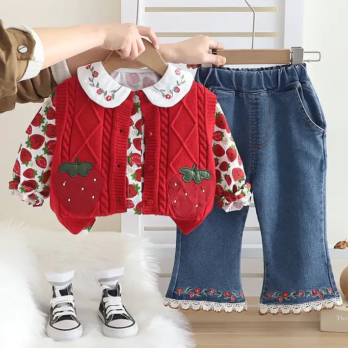 Toddler 3-Piece Strawberry Outfit with Vest, Shirt & Jeans β Red, White, Pink (1-5 Years)