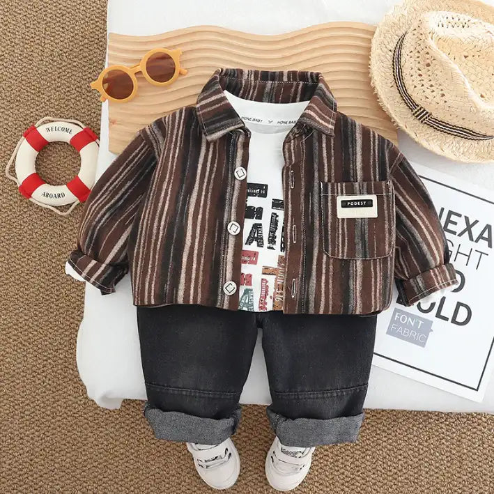 Striped Shirt, Graphic T-Shirt & Jeans Children’s Outfit – Brown or Black (1-5 Years)