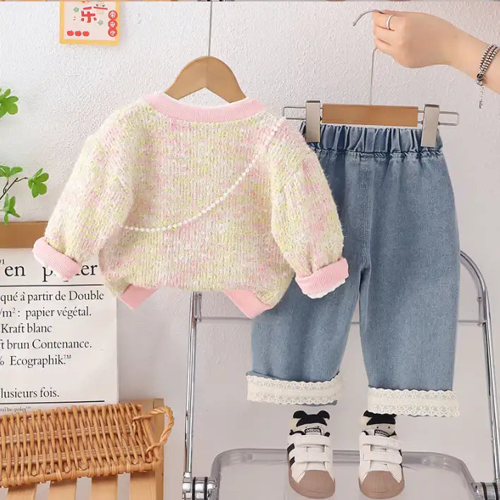 Girls Bunny Cardigan & Jeans Outfit β Pink or Purple Detail (1-5 Years)
