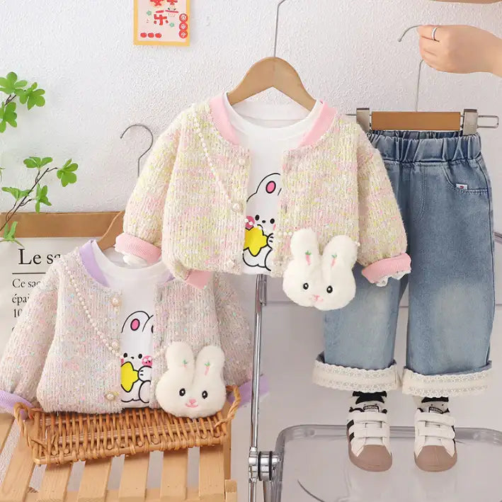 Girls Bunny Cardigan & Jeans Outfit β Pink or Purple Detail (1-5 Years)