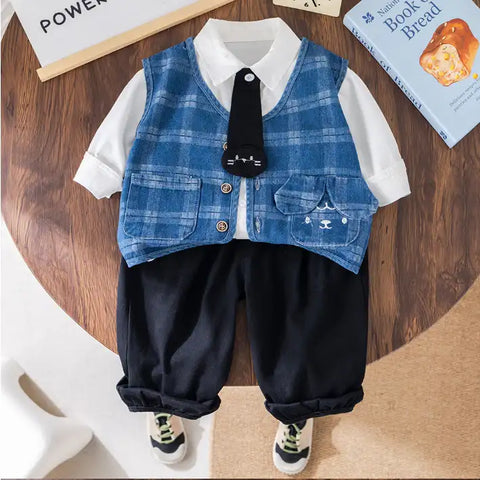 3-Piece Plaid Vest Outfit with Tie β Blue or Grey (1-5 Years) 3-Piece Plaid Vest Outfit with Tie β Blue or Grey (1-5 Years)