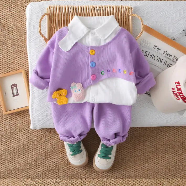 Kids Button-Up Collar Outfit β Yellow, Pink or Purple (1-5 Years)