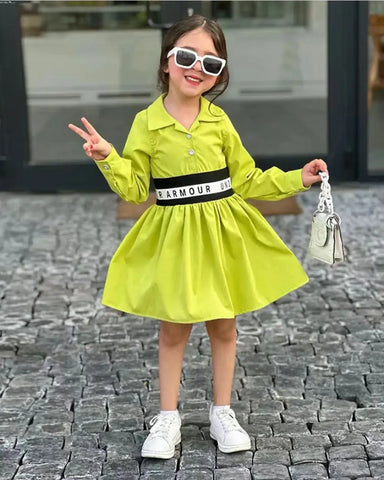 Neon Green Shirt Dress with Elastic Belt – Girls 2–7Y Neon Green Shirt Dress with Elastic Belt – Girls 2–7Y