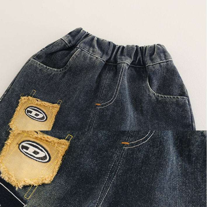 Boys Khaki Long Sleeve & Denim Patch Pants Set (1-6 Years)