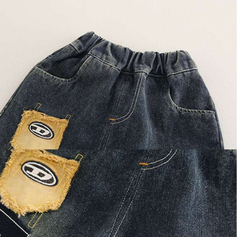 Boys Khaki Long Sleeve & Denim Patch Pants Set (1-6 Years) Boys Khaki Long Sleeve & Denim Patch Pants Set (1-6 Years)