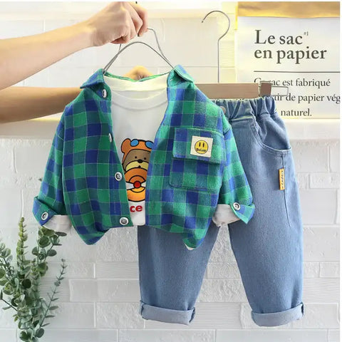 Boys 3-Piece Plaid Shirt, T-Shirt & Jeans Set (1-5 Years)- Green-Red-Yellow Boys 3-Piece Plaid Shirt, T-Shirt & Jeans Set (1-5 Years)- Green-Red-Yellow