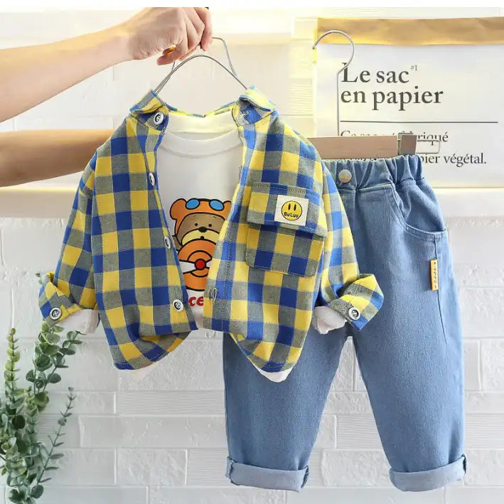 Boys 3-Piece Plaid Shirt, T-Shirt & Jeans Set (1-5 Years)- Green-Red-Yellow