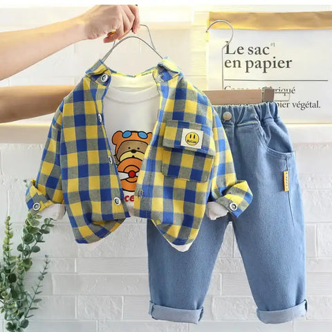 Boys 3-Piece Plaid Shirt, T-Shirt & Jeans Set (1-5 Years)- Green-Red-Yellow Boys 3-Piece Plaid Shirt, T-Shirt & Jeans Set (1-5 Years)- Green-Red-Yellow
