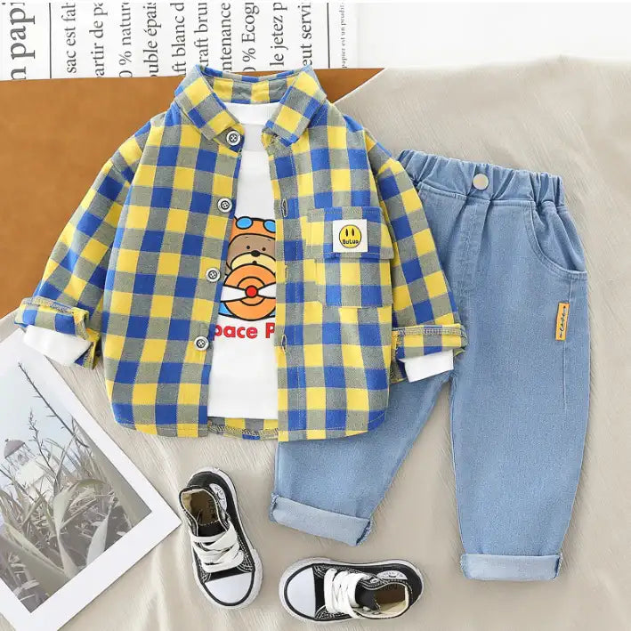 Boys 3-Piece Plaid Shirt, T-Shirt & Jeans Set (1-5 Years)- Green-Red-Yellow