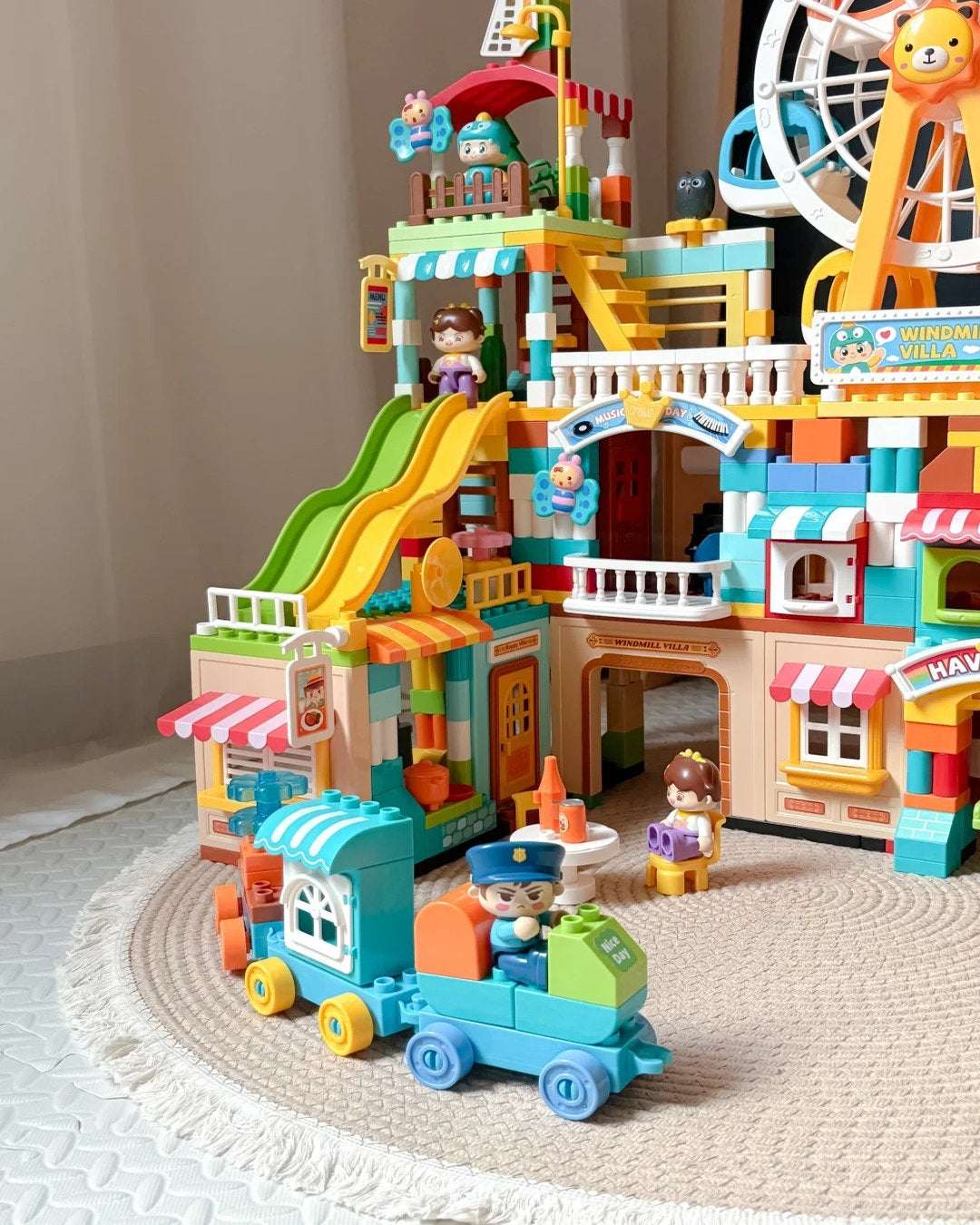 Colorful Villa & Ferris Wheel Playset with Train and Slide