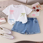 Girls' Summer Set – Bow Detail White T-Shirt & Denim Shorts (1-6 Years)