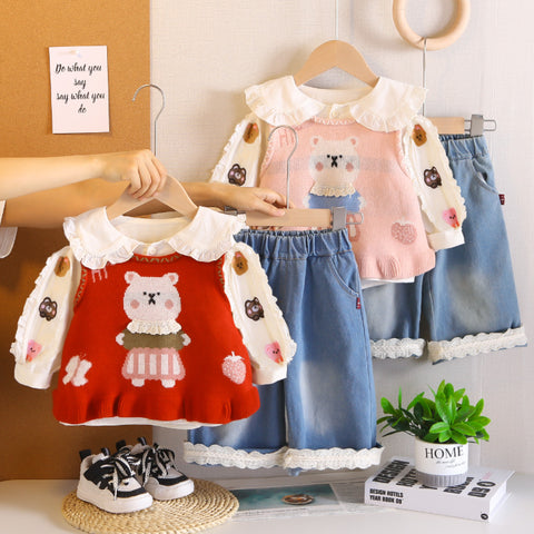 2-Piece Kids Bear Outfit with Denim Skirt β Pink or Red (1-5 Years) 2-Piece Kids Bear Outfit with Denim Skirt β Pink or Red (1-5 Years)