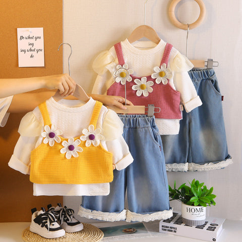 3-Piece Kids Daisy Outfit with Denim Skirt β Yellow or Pink (1-5 Years) 3-Piece Kids Daisy Outfit with Denim Skirt β Yellow or Pink (1-5 Years)