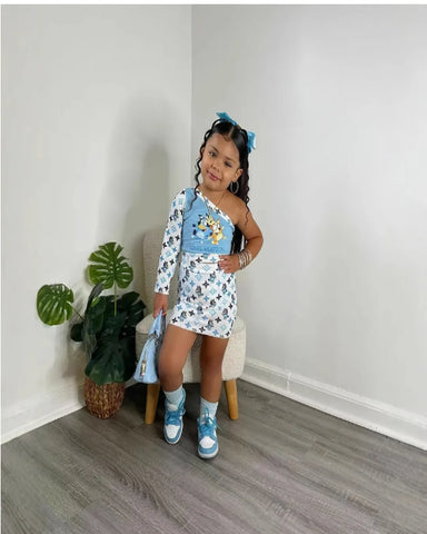 Blue One-Shoulder Cartoon Print Skirt Set – Girls 2–7 Y Blue One-Shoulder Cartoon Print Skirt Set – Girls 2–7 Y
