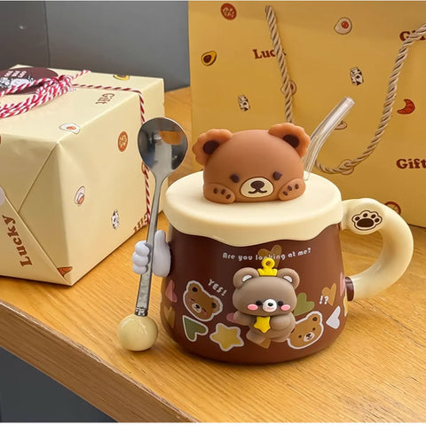 USB Heated Bear Mug with Glass Straw, Spoon & Cute Figurines USB Heated Bear Mug with Glass Straw, Spoon & Cute Figurines