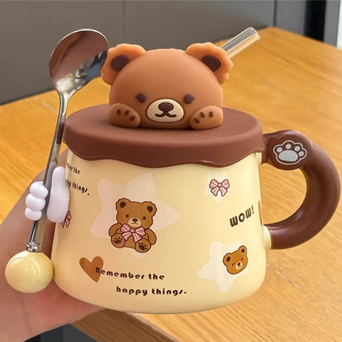 USB Heated Bear Mug with Glass Straw, Spoon & Cute Figurines USB Heated Bear Mug with Glass Straw, Spoon & Cute Figurines