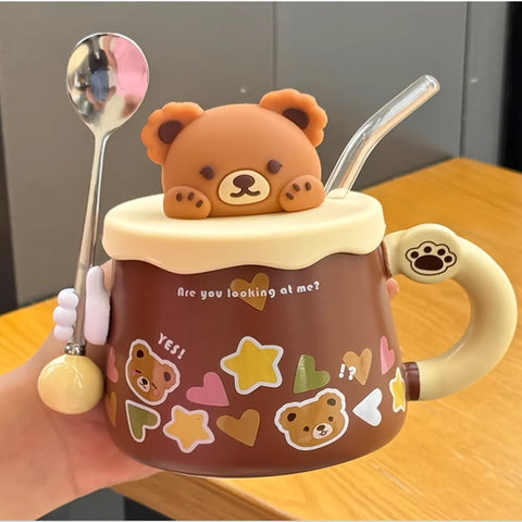USB Heated Bear Mug with Glass Straw, Spoon & Cute Figurines USB Heated Bear Mug with Glass Straw, Spoon & Cute Figurines