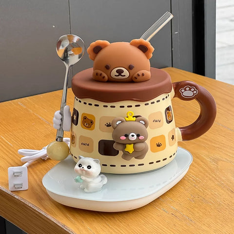 USB Heated Bear Mug with Glass Straw, Spoon & Cute Figurines USB Heated Bear Mug with Glass Straw, Spoon & Cute Figurines