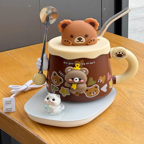 USB Heated Bear Mug with Glass Straw, Spoon & Cute Figurines USB Heated Bear Mug with Glass Straw, Spoon & Cute Figurines