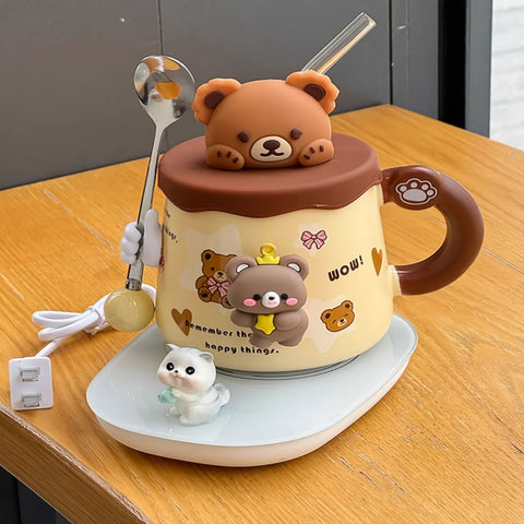 USB Heated Bear Mug with Glass Straw, Spoon & Cute Figurines USB Heated Bear Mug with Glass Straw, Spoon & Cute Figurines