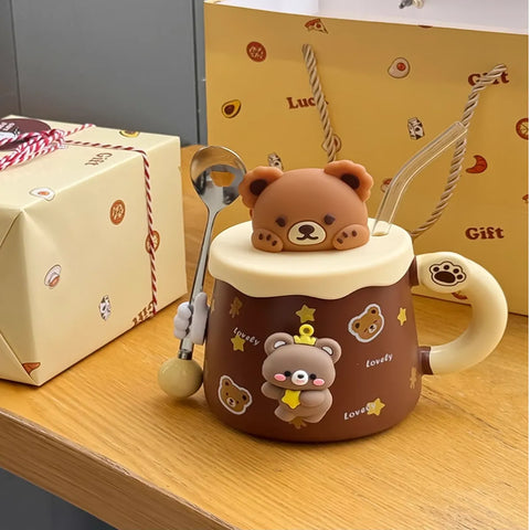 USB Heated Bear Mug with Glass Straw, Spoon & Cute Figurines USB Heated Bear Mug with Glass Straw, Spoon & Cute Figurines