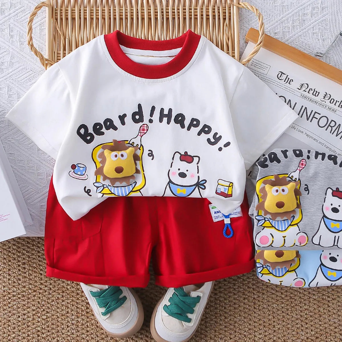 Boys' Happy Bear Graphic Set – Red Shorts Edition