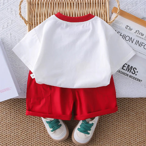 Boys' Happy Bear Graphic Set – Red Shorts Edition