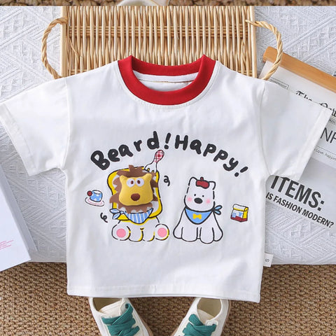 Boys' Happy Bear Graphic Set – Red Shorts Edition