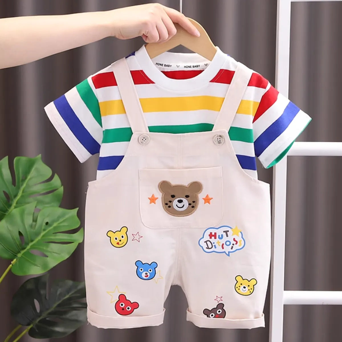 Rainbow Stripe T-Shirt & Bear Dungaree Set for Boys – 1 to 5 Years