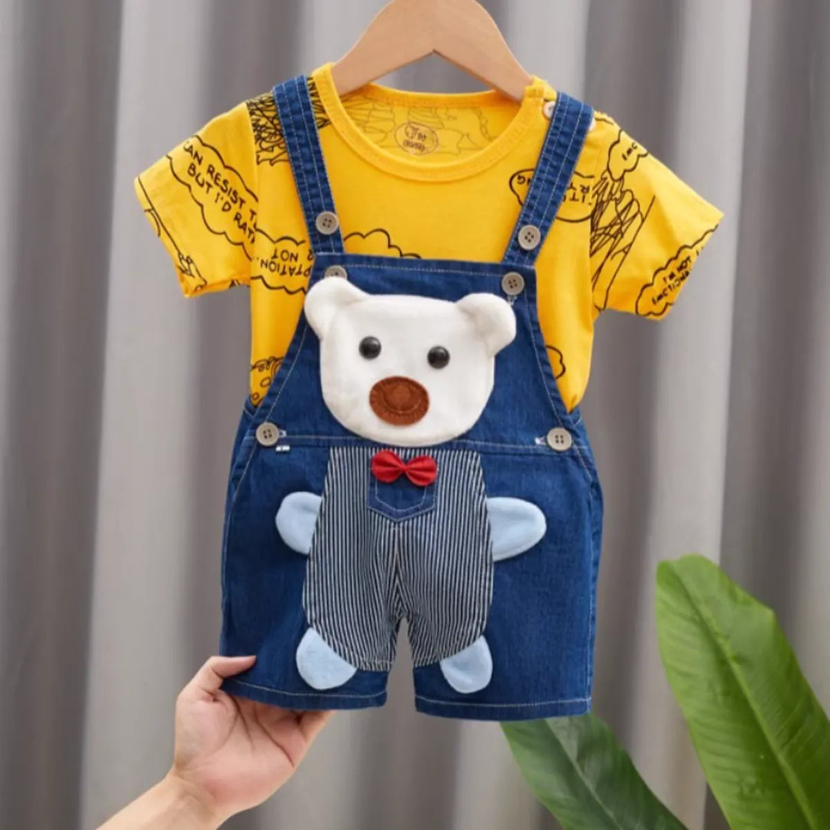 Teddy Bear Denim Overall Set with Yellow T-Shirt (1-5 Years)