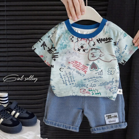 Boys' Blue Street Art Summer Set – Graffiti Tee & Denim Shorts (1-6 Years)