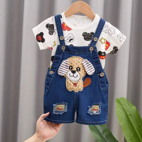 Puppy Patch Denim Overall Set with Printed T-Shirt (1-5 Years)