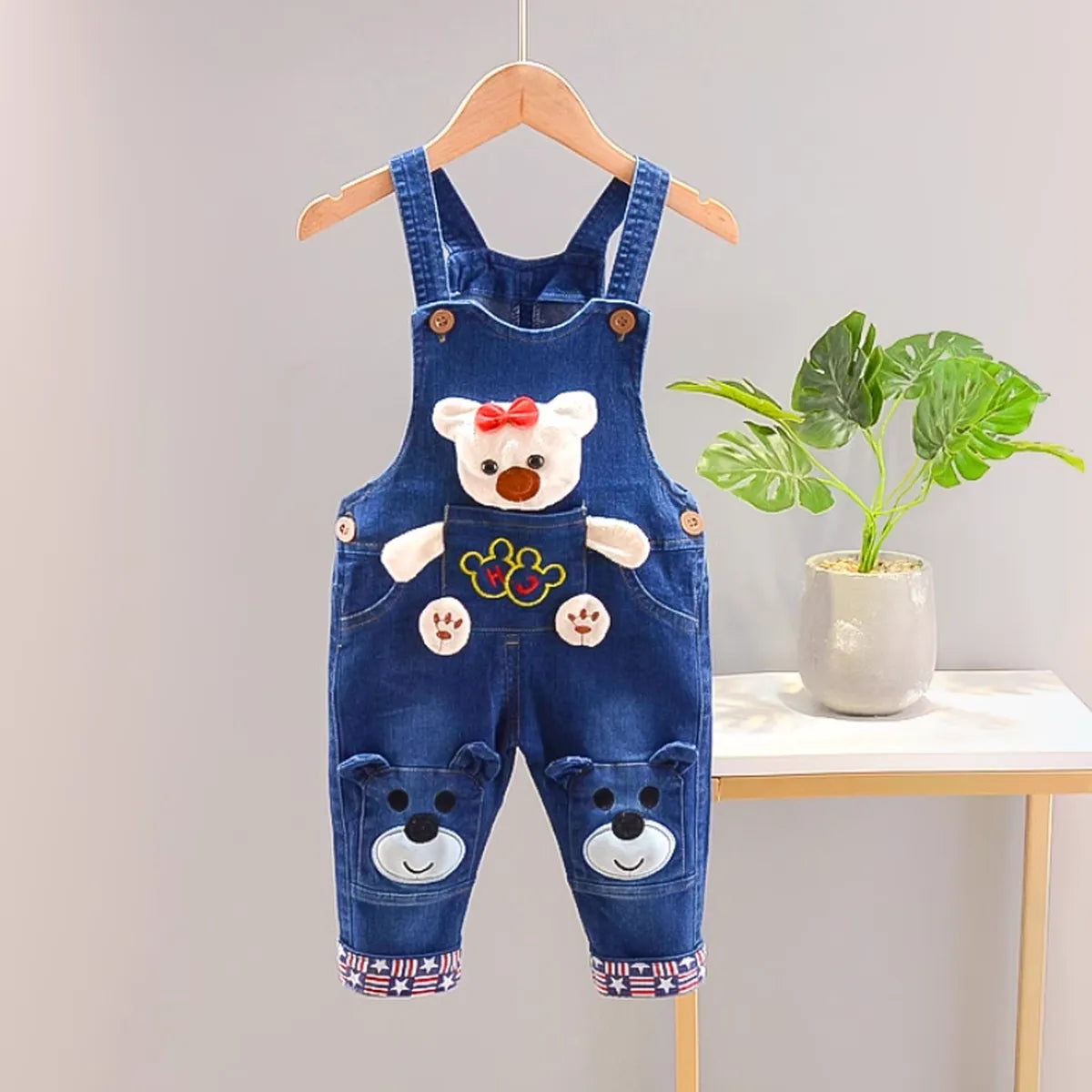 3D Teddy Bear Embroidered Denim Overalls (1-5 Years)