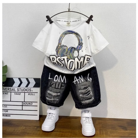 Graffiti Headphones Tee & Distressed Shorts – Street Vibes Look (1-7 Years)