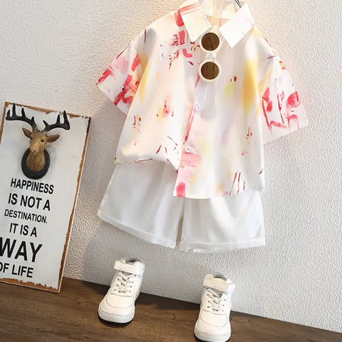 Splash Print Shirt & White Shorts Set – Breezy Summer Mood (1-8 Years)