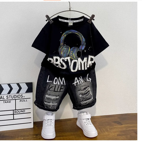 Black Headphone Graphic Tee & Graffiti Denim Shorts Set (1-8 Years)