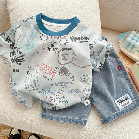 Boys' Blue Street Art Summer Set – Graffiti Tee & Denim Shorts (1-6 Years)