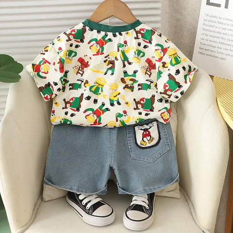 Boys' Cartoon Explorer Outfit – T-Shirt & Denim Shorts Set
