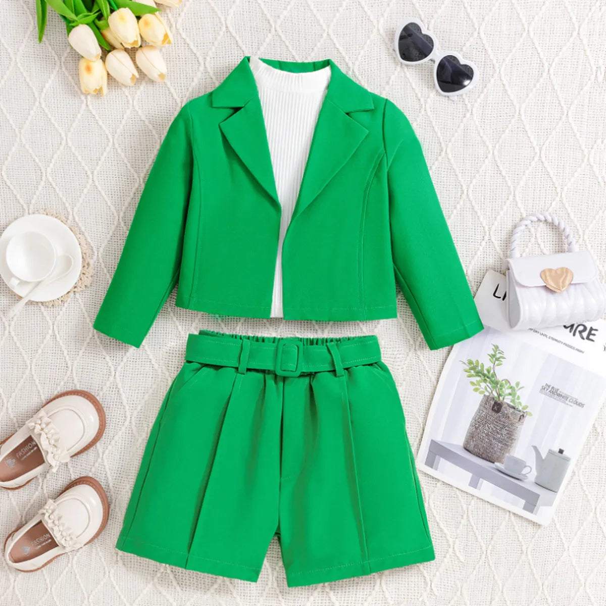 Mini Boss 3-Piece Green Blazer Shorts Set with Ribbed Halter Top (3-7 Years)