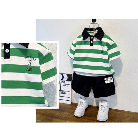 Striped Green Polo & Side-Tag Shorts Set for Boys (1-8 Years)