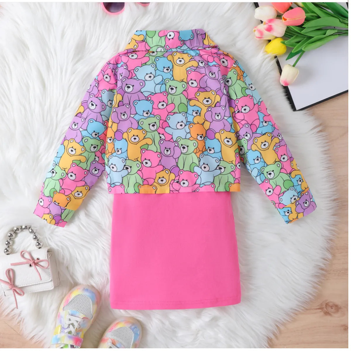 Neon Bear Print Shirt & Hot Pink Dress Combo (4-7 Years)