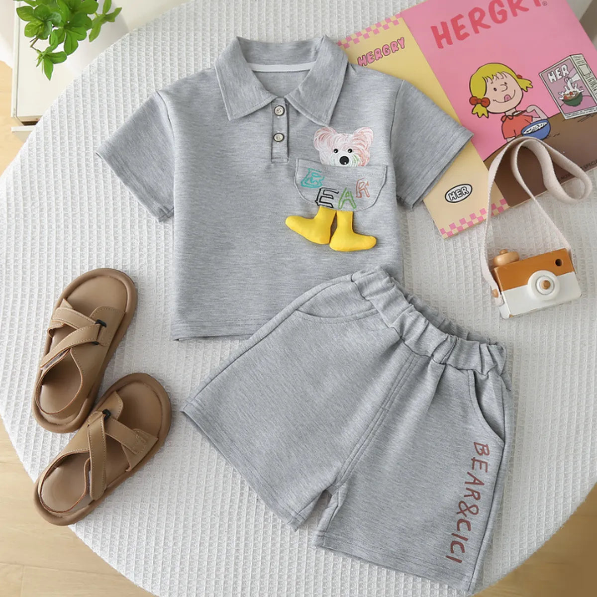 Boys' Soft Grey Bear Polo Set – Comfy 2 Piece