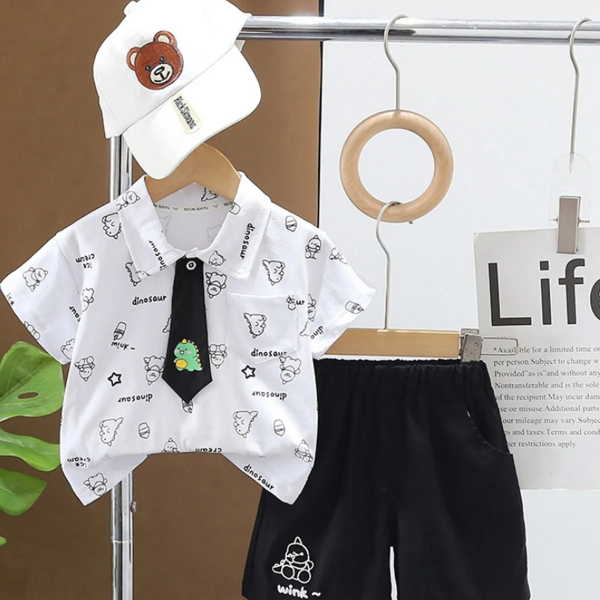 Boys' Cartoon Shirt & Shorts Set with Dino Tie – Formal Fun Style