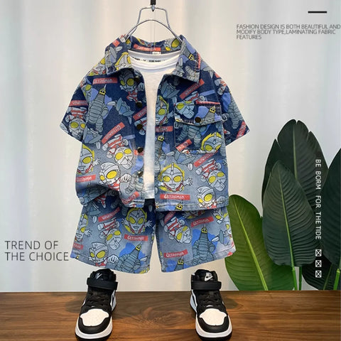 Ultraman-Themed Cartoon Shirt & Shorts Set for Boys (1-5 Years)