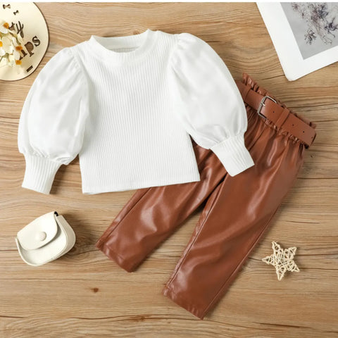 Puff Sleeve Knit Top & Faux Leather Belted Pants Set (1-6 Years)