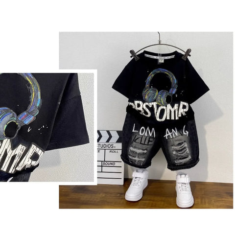 Black Headphone Graphic Tee & Graffiti Denim Shorts Set (1-8 Years)