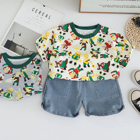 Boys' Cartoon Explorer Outfit – T-Shirt & Denim Shorts Set
